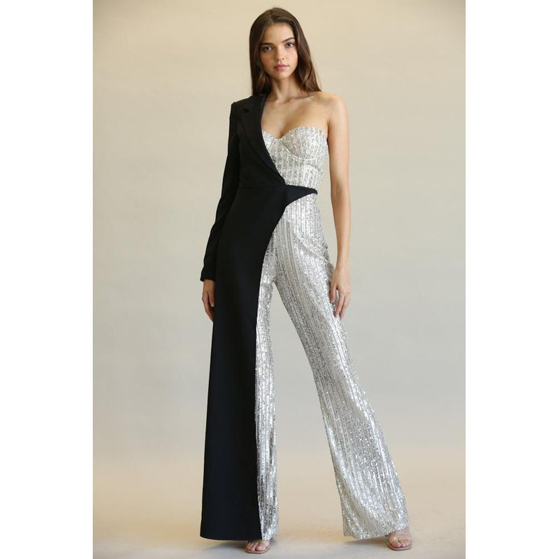 Evolet - Striped Sequin + Solid Stretch Woven Fabric Combo Jumpsuit.