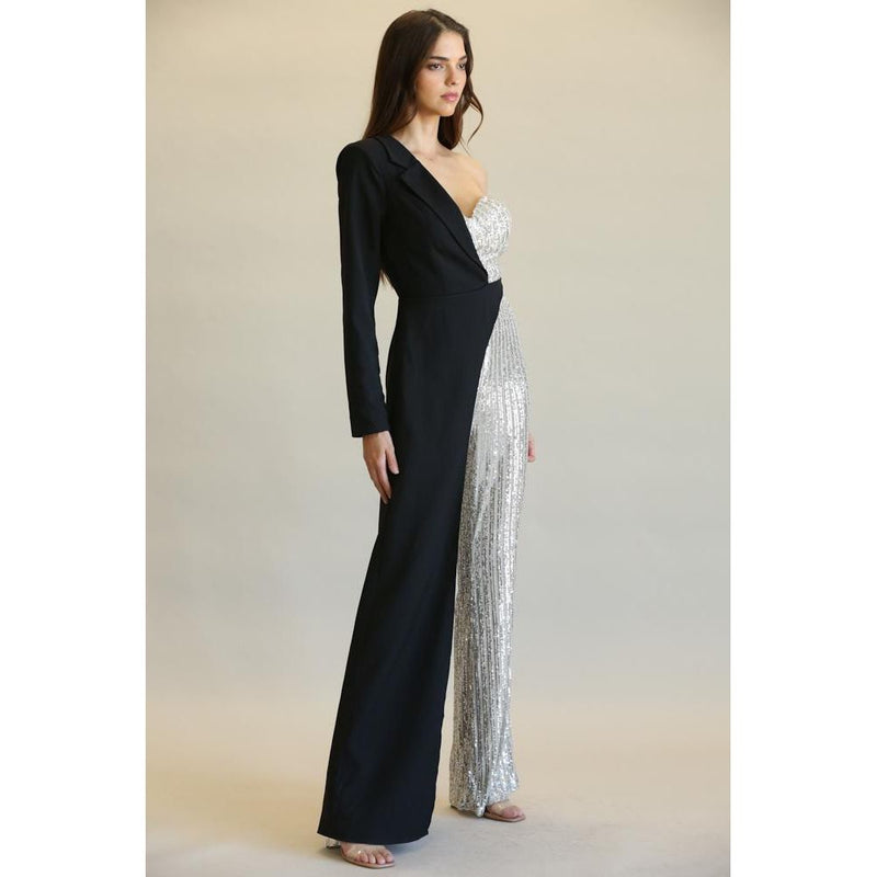 Evolet - Striped Sequin + Solid Stretch Woven Fabric Combo Jumpsuit.