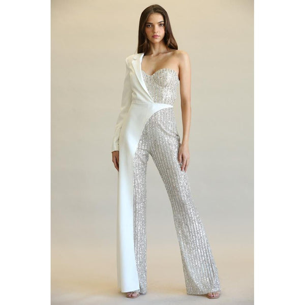 Evolet - Striped Sequin + Solid Stretch Woven Fabric Combo Jumpsuit.