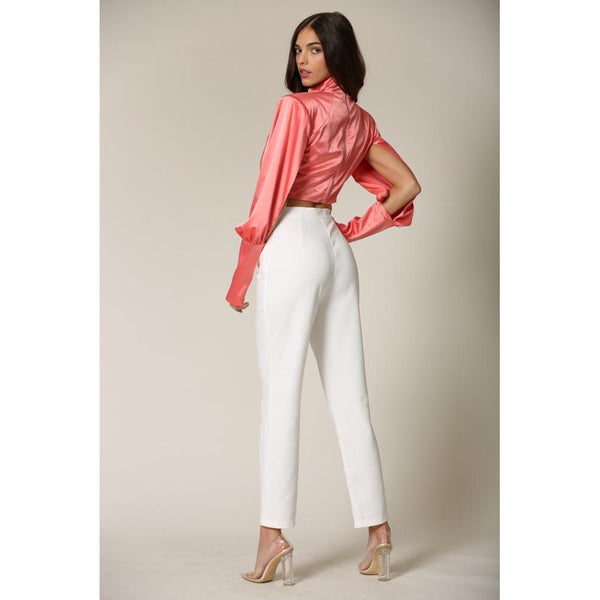 Emely - A stretch satin top featuring a high-neckline.