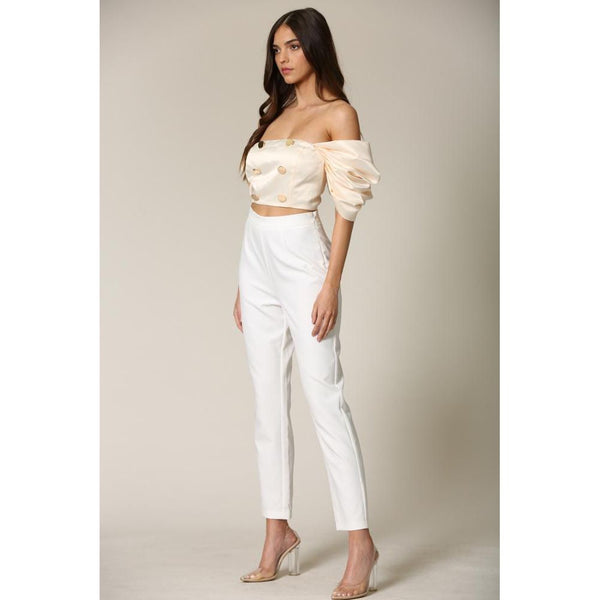 Clora - A satin top featuring puff, off-shoulder sleeves.