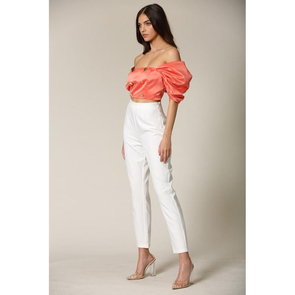 Clora - A satin top featuring puff, off-shoulder sleeves.