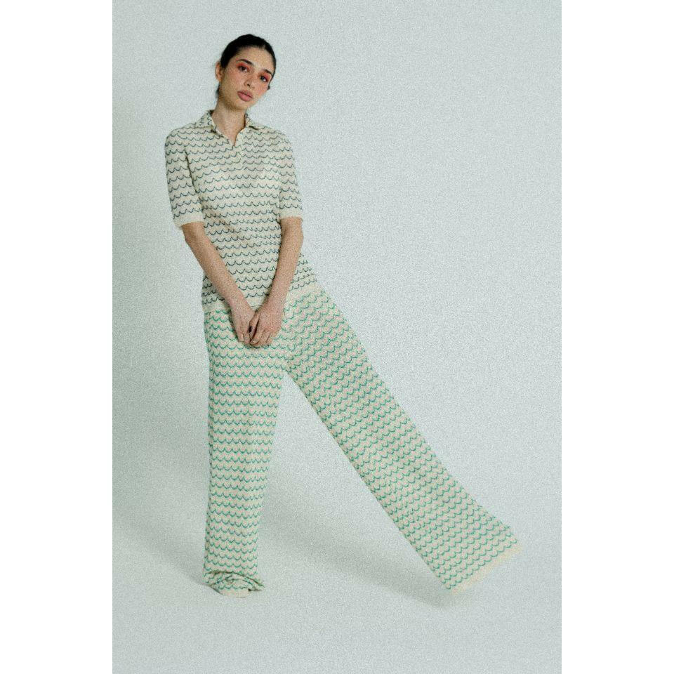 Light Weight Cotton Knit Long Wide Trousers Green.