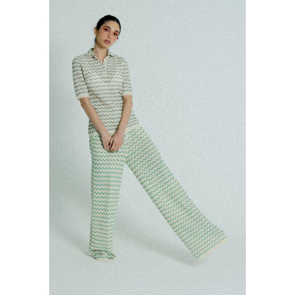 Light Weight Cotton Knit Long Wide Trousers Green.