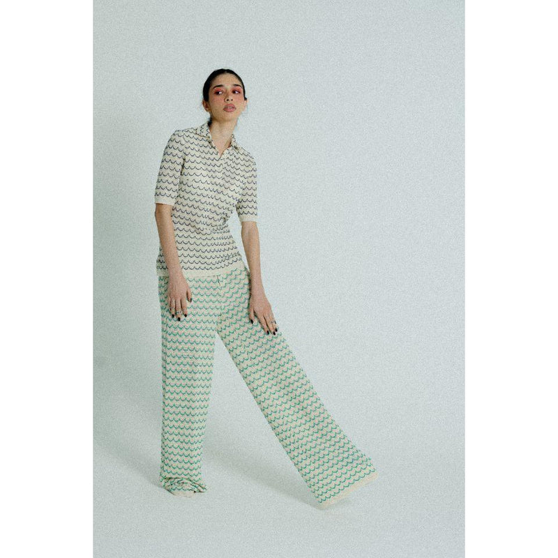 Light Weight Cotton Knit Long Wide Trousers Green.