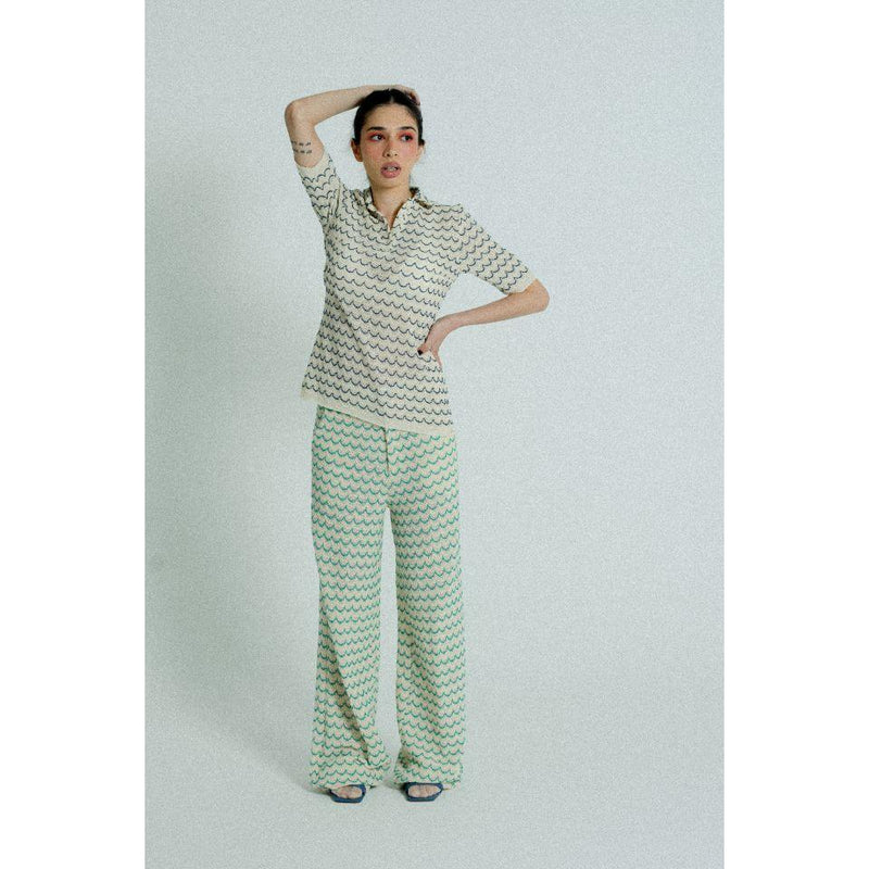 Light Weight Cotton Knit Long Wide Trousers Green.