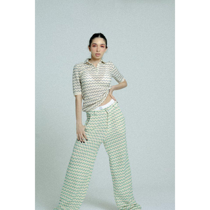 Light Weight Cotton Knit Long Wide Trousers Green.