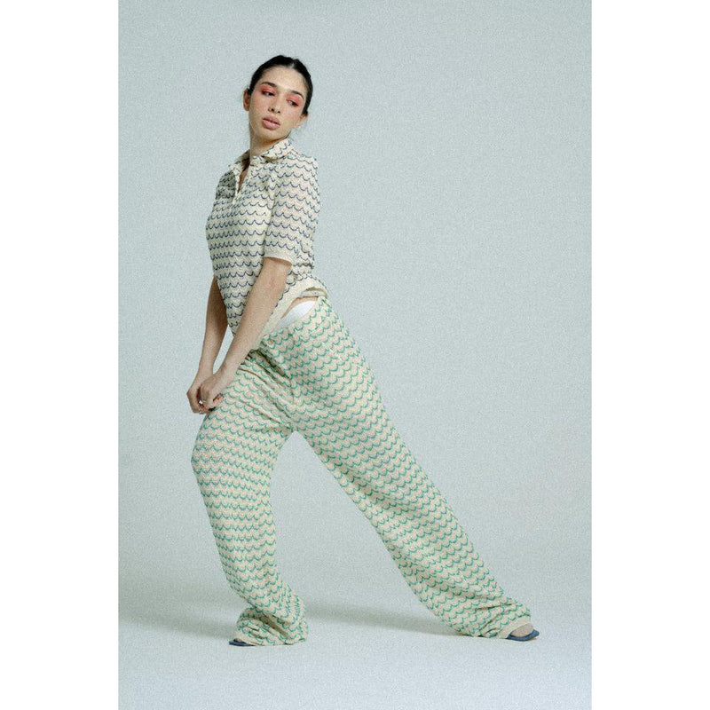 Light Weight Cotton Knit Long Wide Trousers Green.