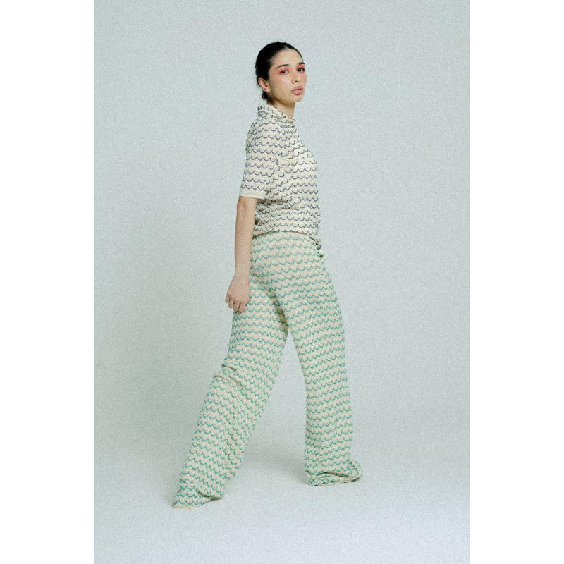 Light Weight Cotton Knit Long Wide Trousers Green.