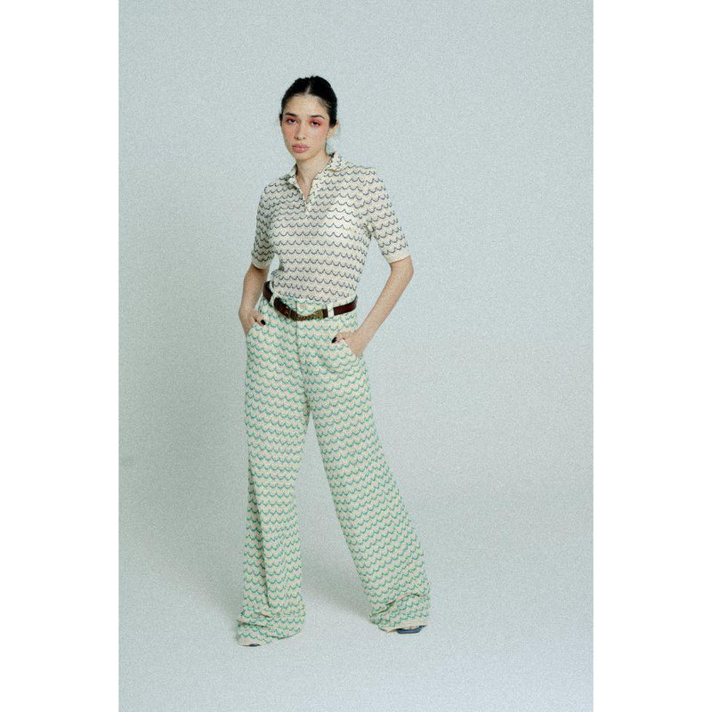 Light Weight Cotton Knit Long Wide Trousers Green.