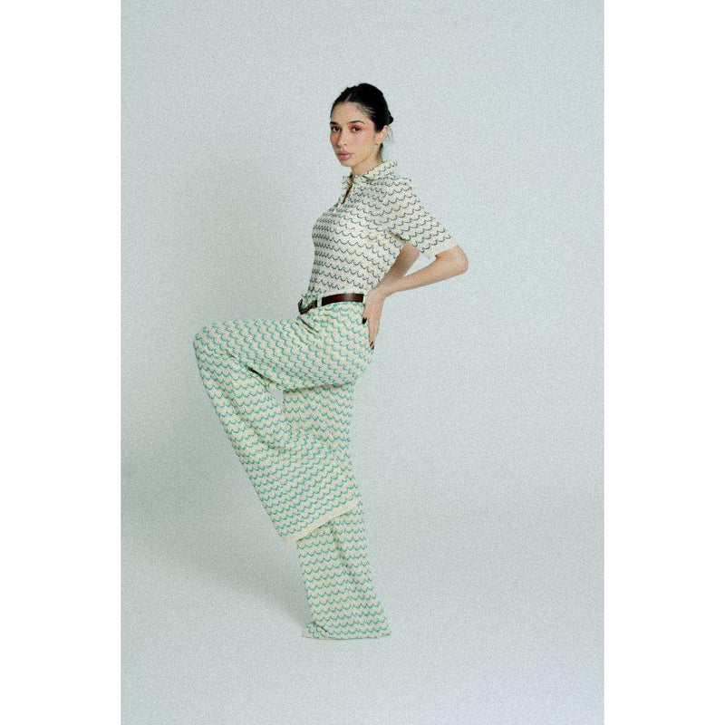 Light Weight Cotton Knit Long Wide Trousers Green.