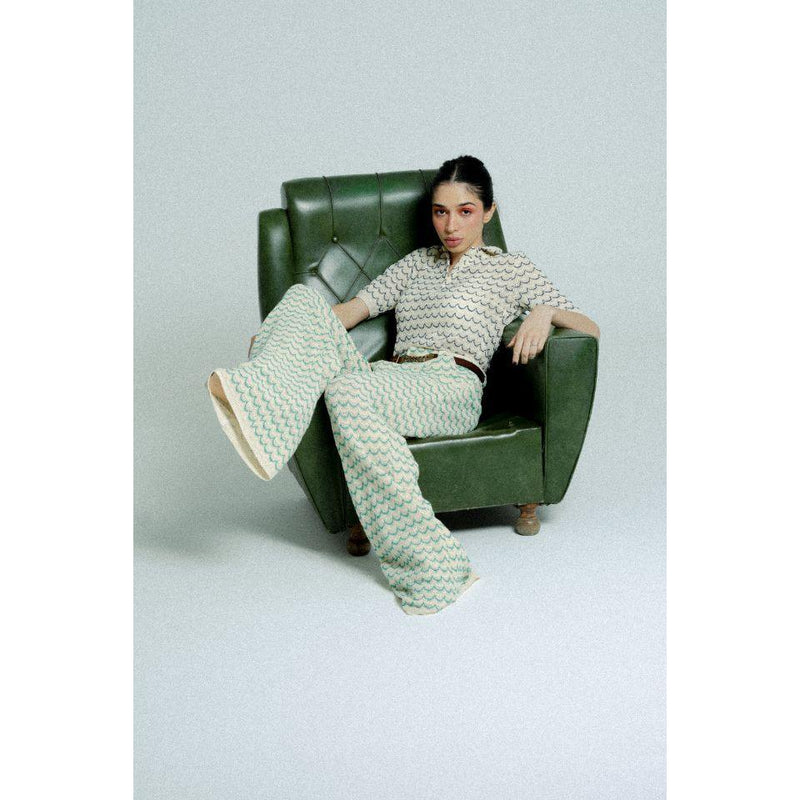 Light Weight Cotton Knit Long Wide Trousers Green.