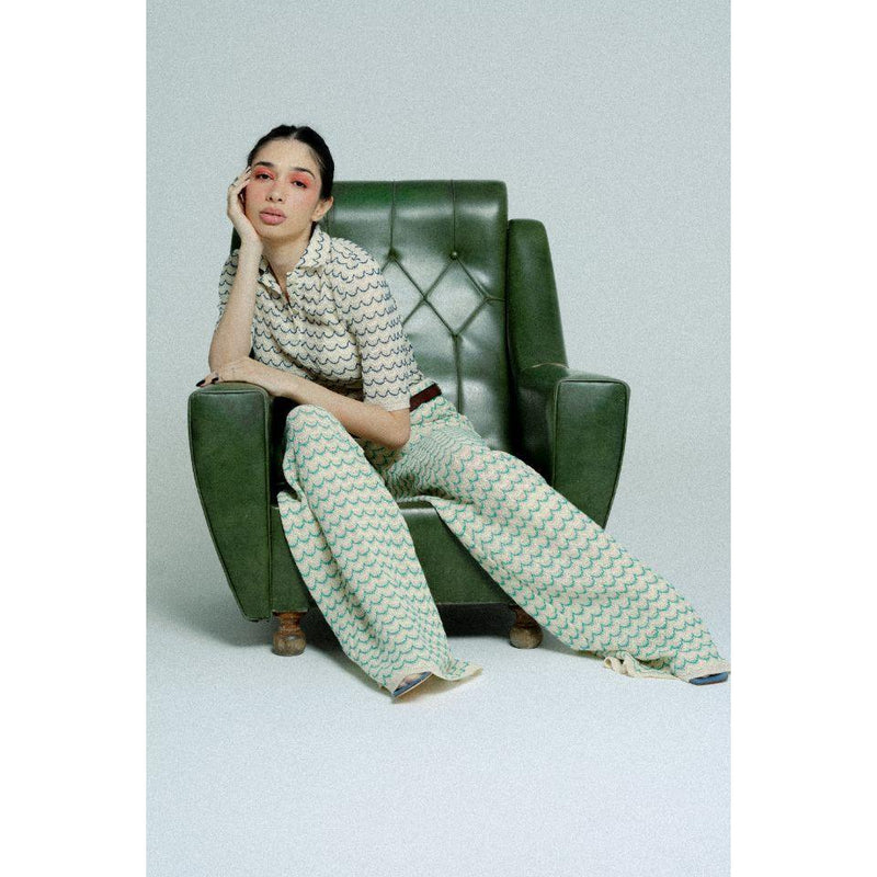 Light Weight Cotton Knit Long Wide Trousers Green.