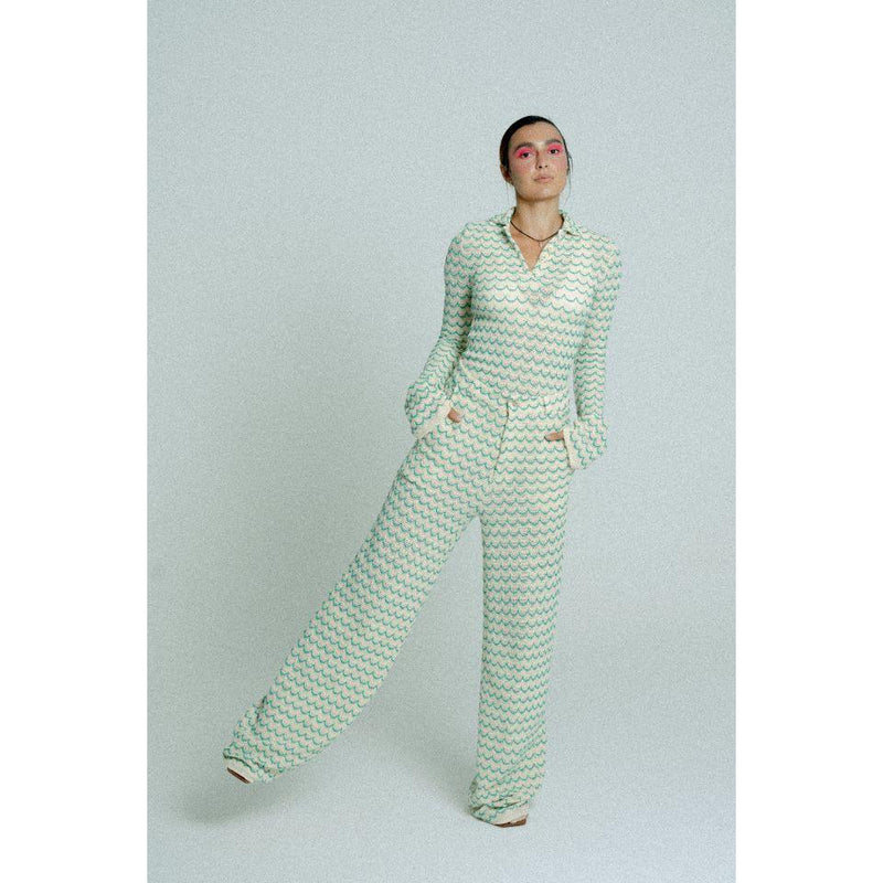 Light Weight Cotton Knit Long Wide Trousers Green.