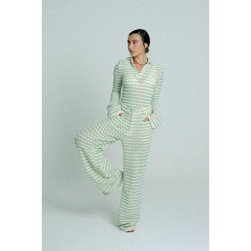 Light Weight Cotton Knit Long Wide Trousers Green.