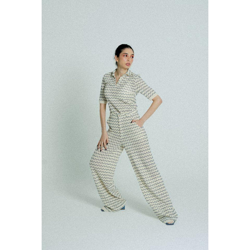 Light Weight Cotton Knit Long Wide Trousers Marine.