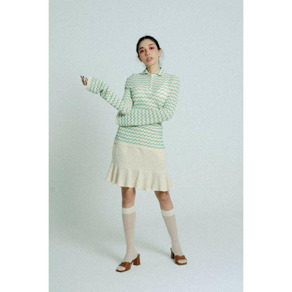 Light Weight Cotton Knit Skirt with Ruffled Hem Sand.