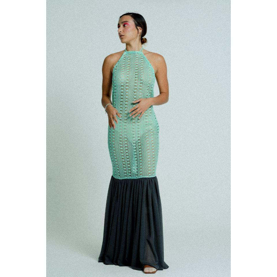 Open Back Cotton Crochet Dress Green on Black.