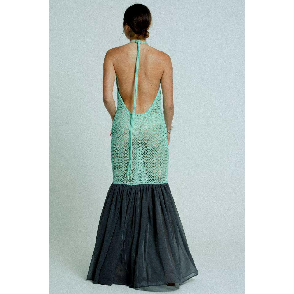 Open Back Cotton Crochet Dress Green on Black.