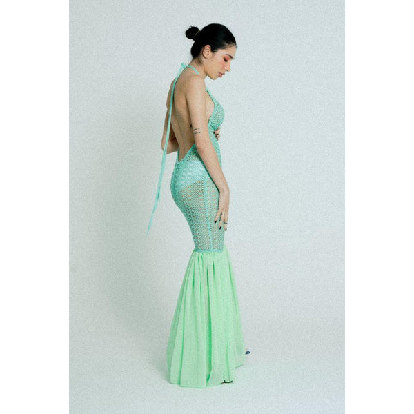 Open Back Cotton Crochet Dress in Green.