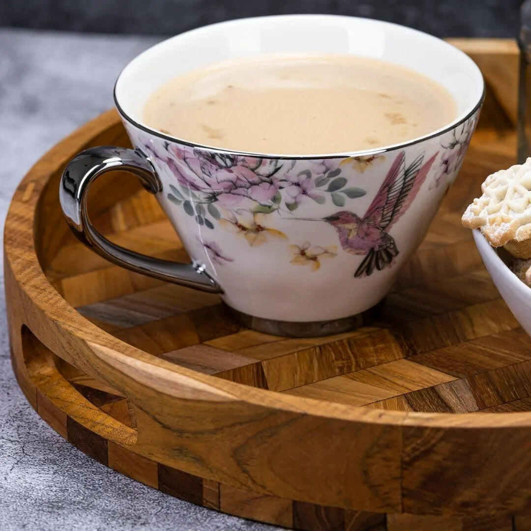 Herringbone Pattern Round Wooden Serving Tray.