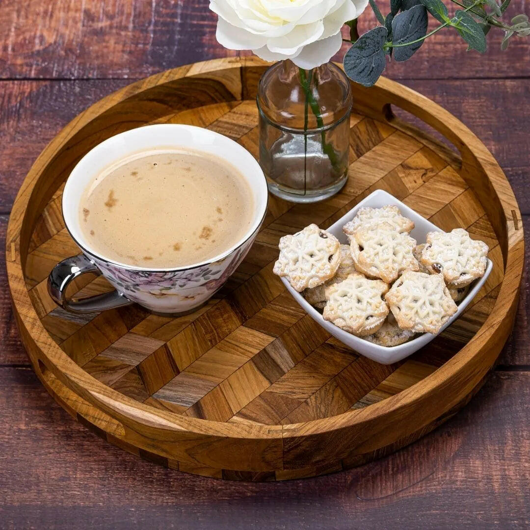 Herringbone Pattern Round Wooden Serving Tray.