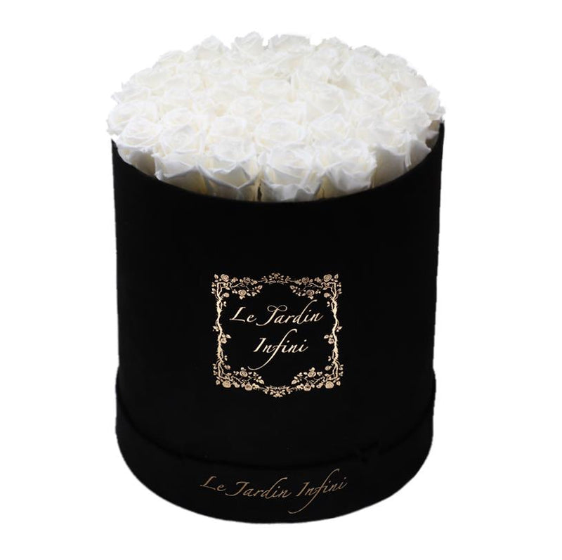 White Preserved Roses - Large Round Luxury Black Suede Box.