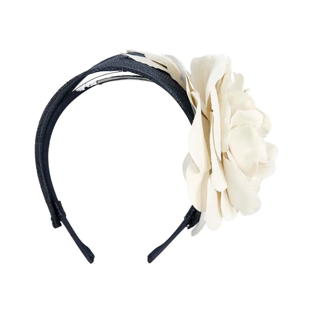 Wide Navy and Cream Leather Rose Fascinator.