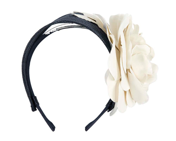 Wide Navy and Cream Leather Rose Headband Fascinator