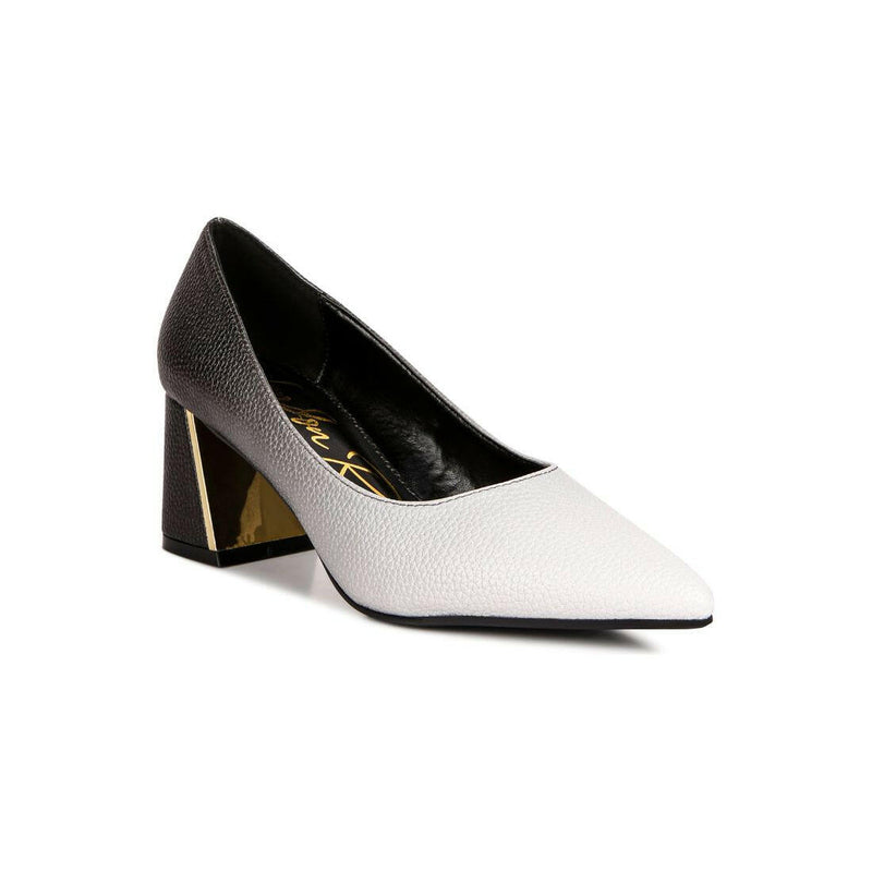 harlow metallic accent block heel pumps.