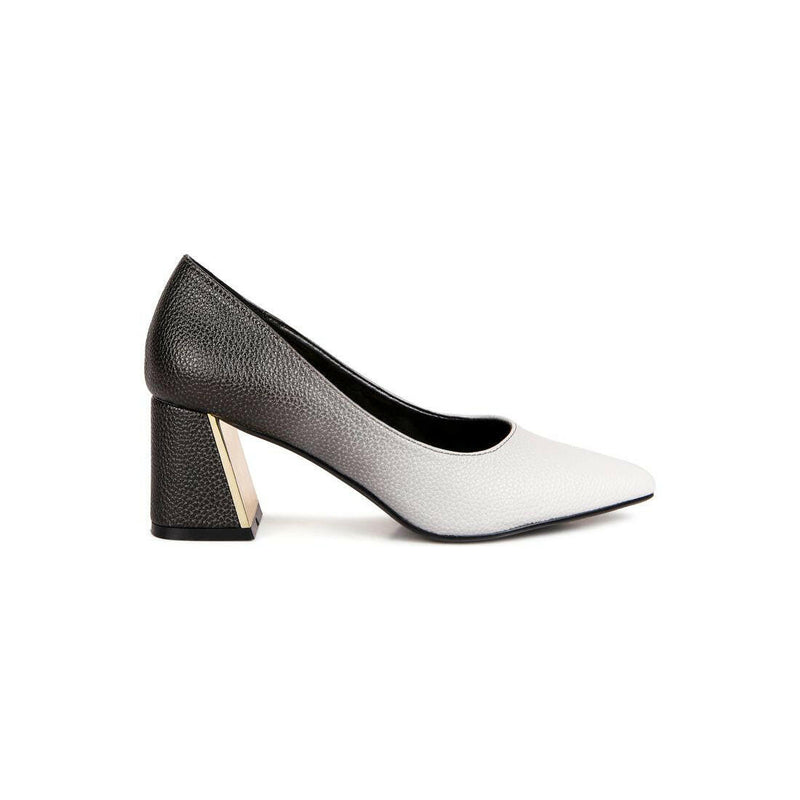 harlow metallic accent block heel pumps.