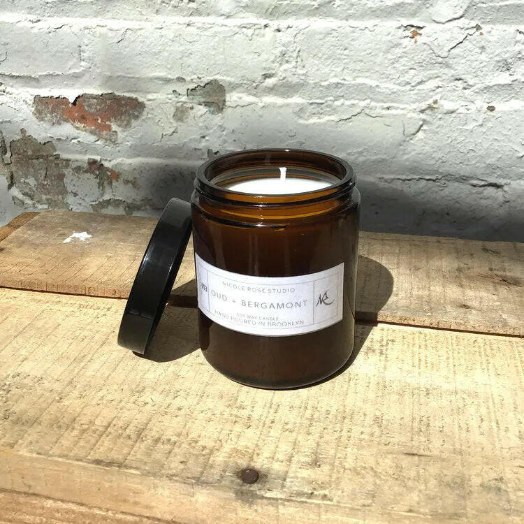 Oud + Bergamot Scented Soy Wax Candle.