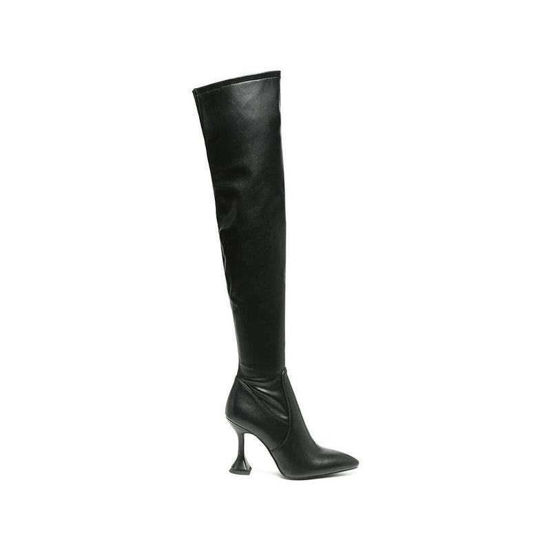 brandy faux leather over the knee high heeled boots.