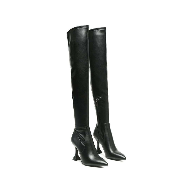 brandy faux leather over the knee high heeled boots.