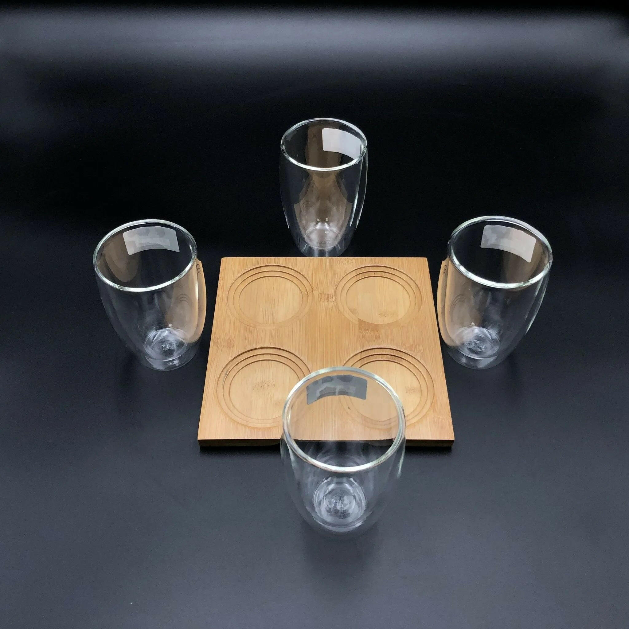 Divided Bamboo Tray With 4 Doublewalled Thermo Glasses.