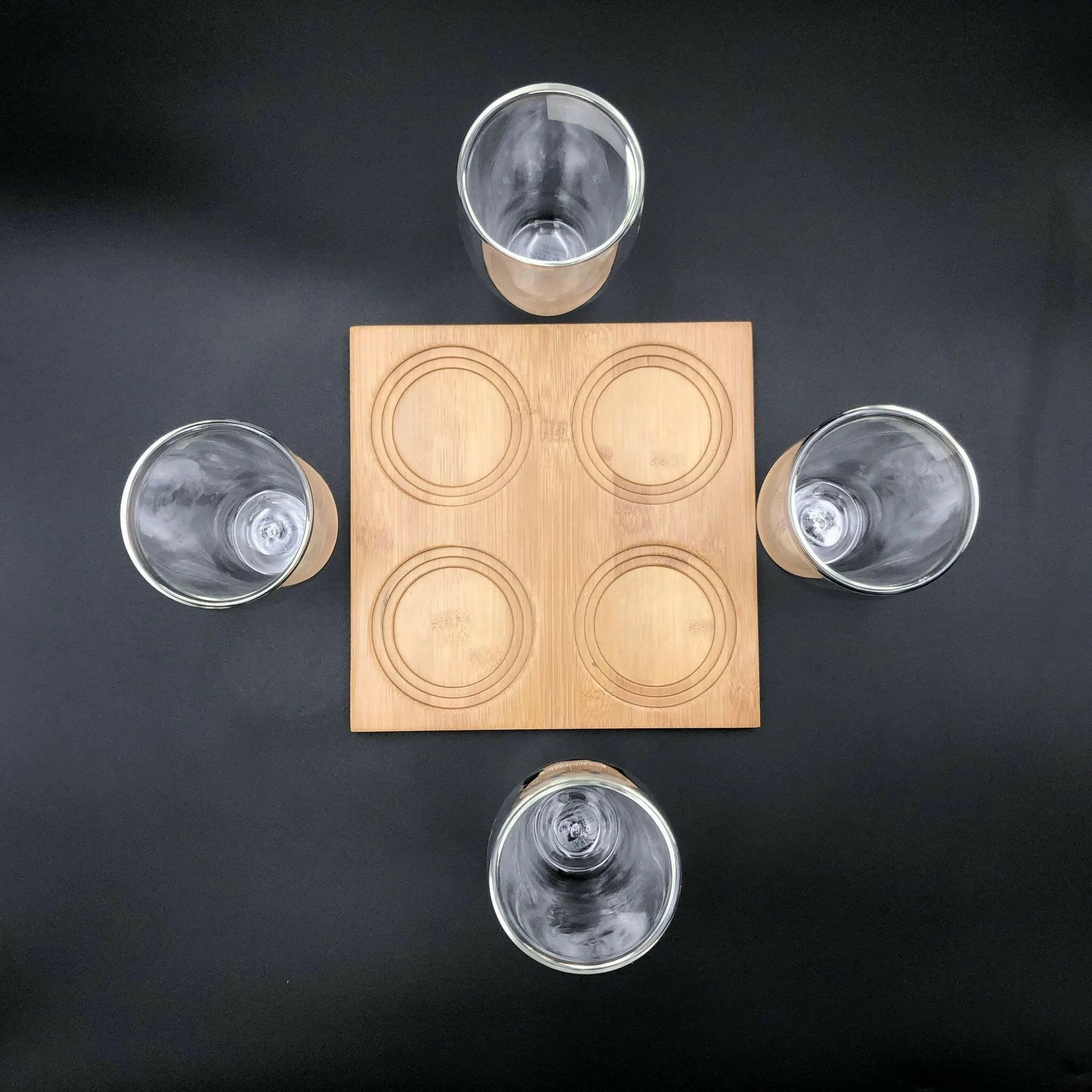 Divided Bamboo Tray With 4 Doublewalled Thermo Glasses.