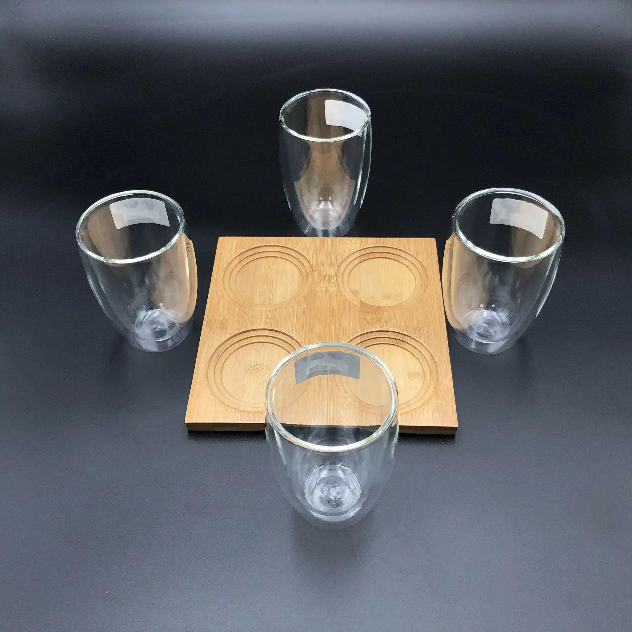 Divided Bamboo Tray With 4 Doublewalled Thermo Glasses.