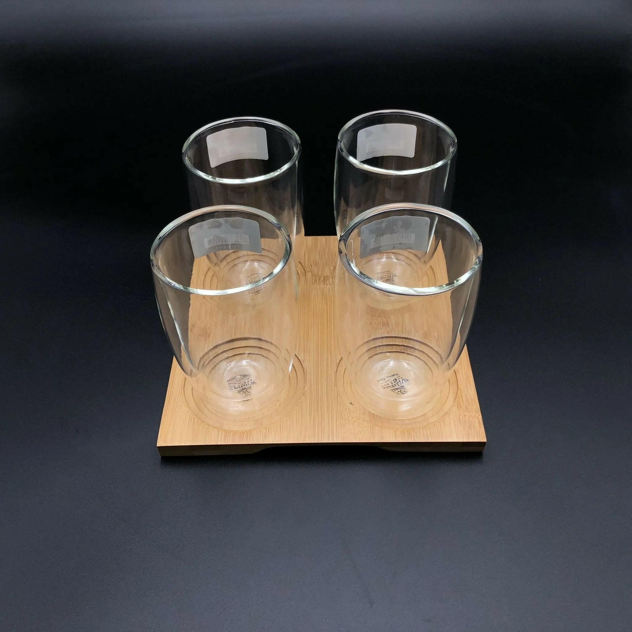 Divided Bamboo Tray With 4 Doublewalled Thermo Glasses.