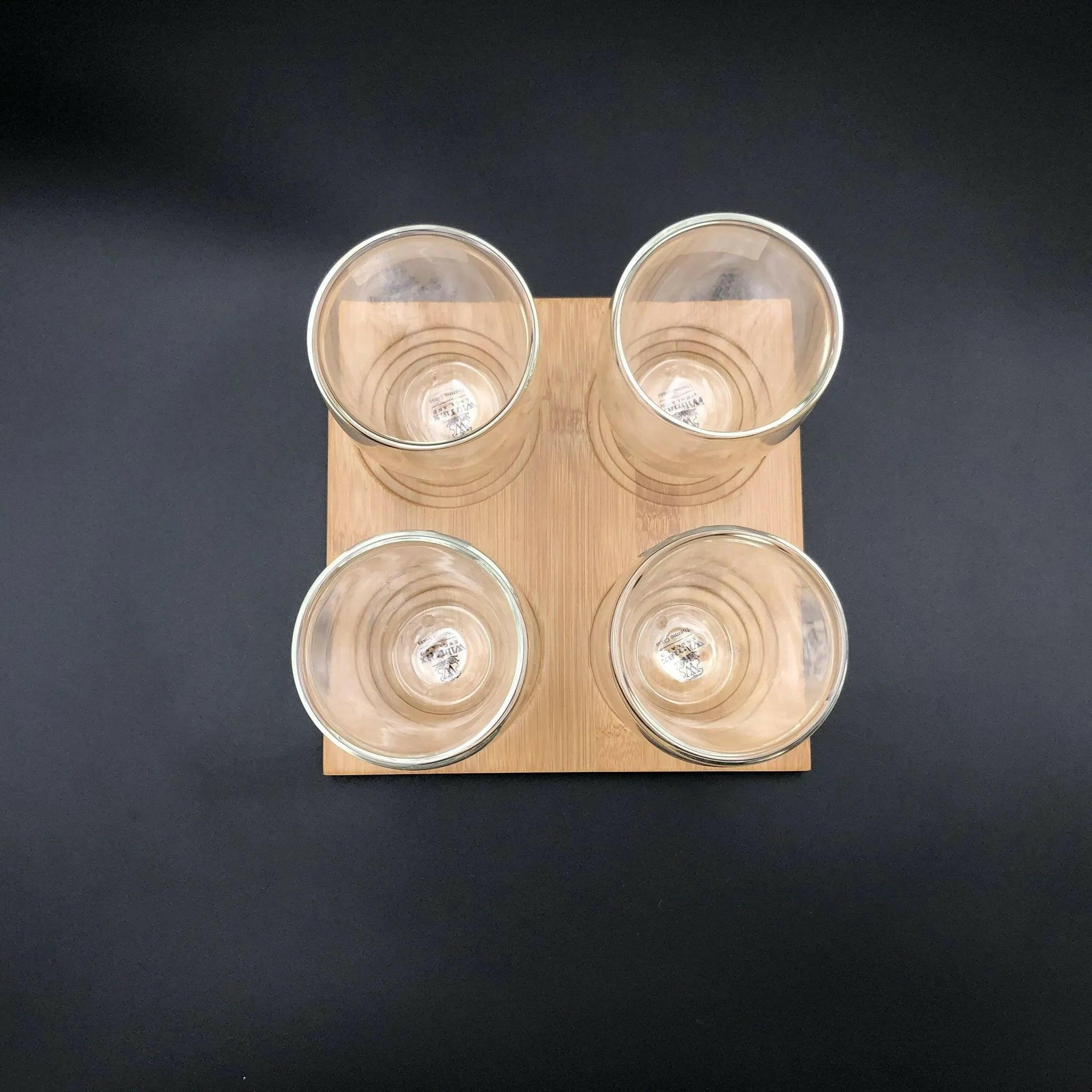 Divided Bamboo Tray With 4 Doublewalled Thermo Glasses.