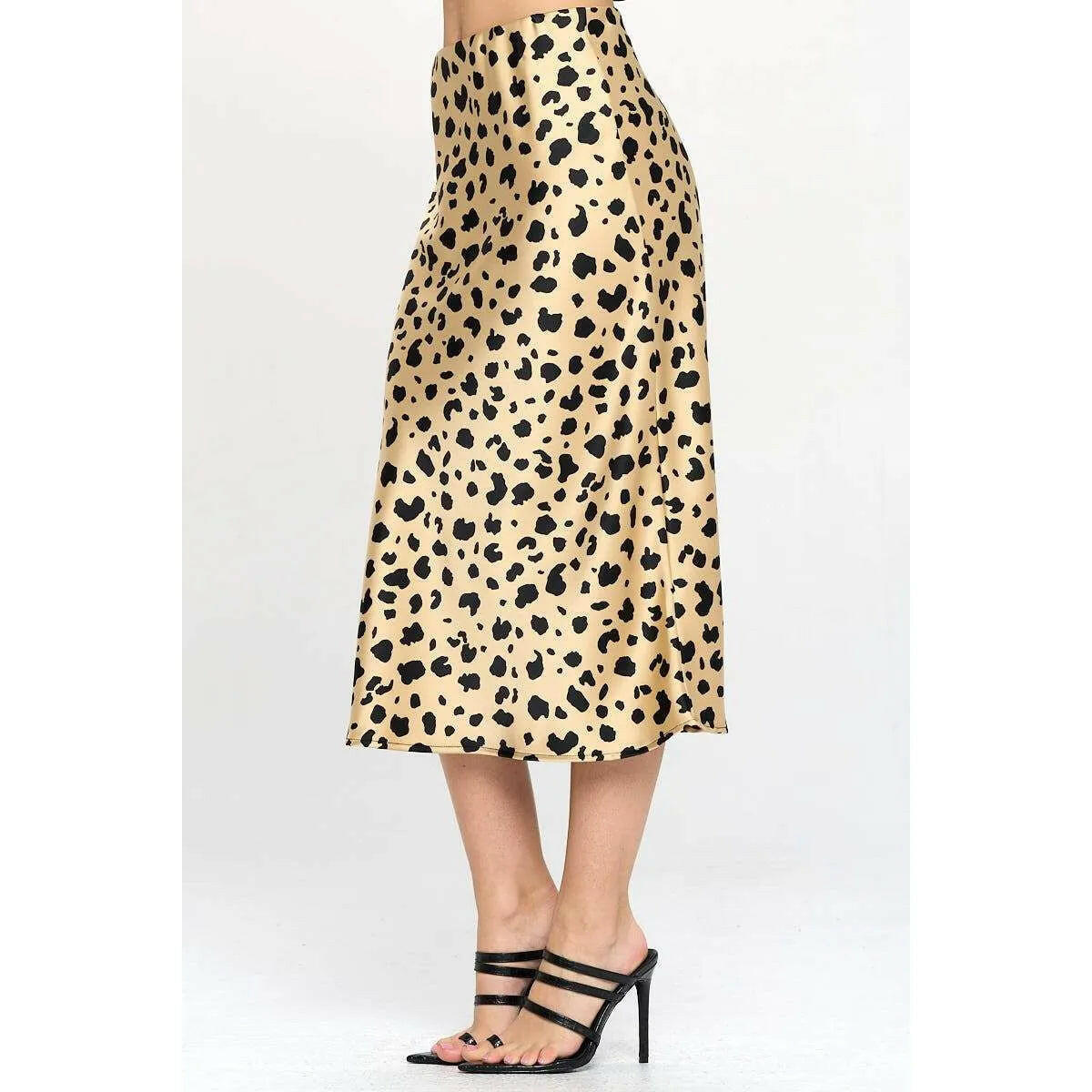 Leopard Print Satin Midi Skirt.