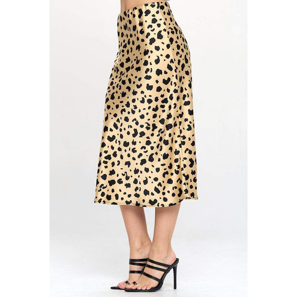 Leopard Print Satin Midi Skirt.