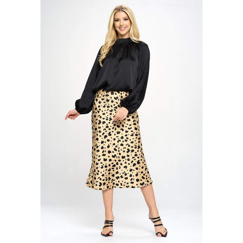 Leopard Print Satin Midi Skirt.