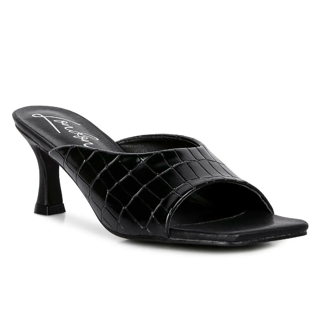 Black Croc Kitten Heel Sliders.