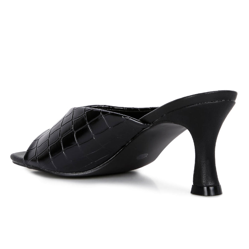 Black Croc Kitten Heel Slider Sandals.