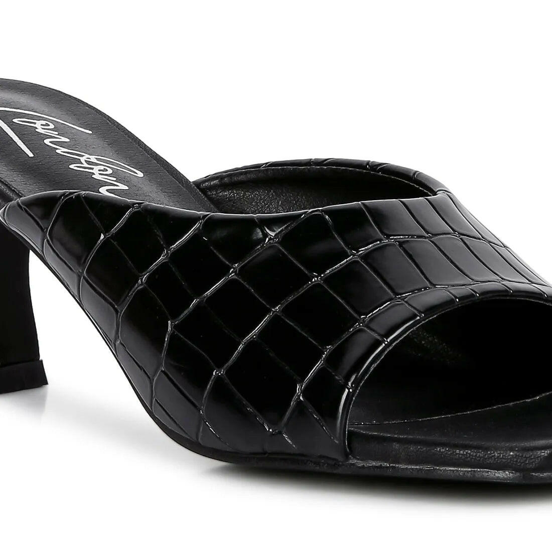 Black Croc Kitten Heel Sliders.