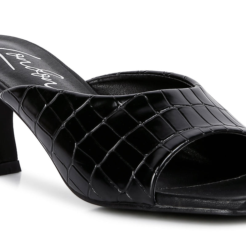 Black Croc Kitten Heel Slider Sandals.