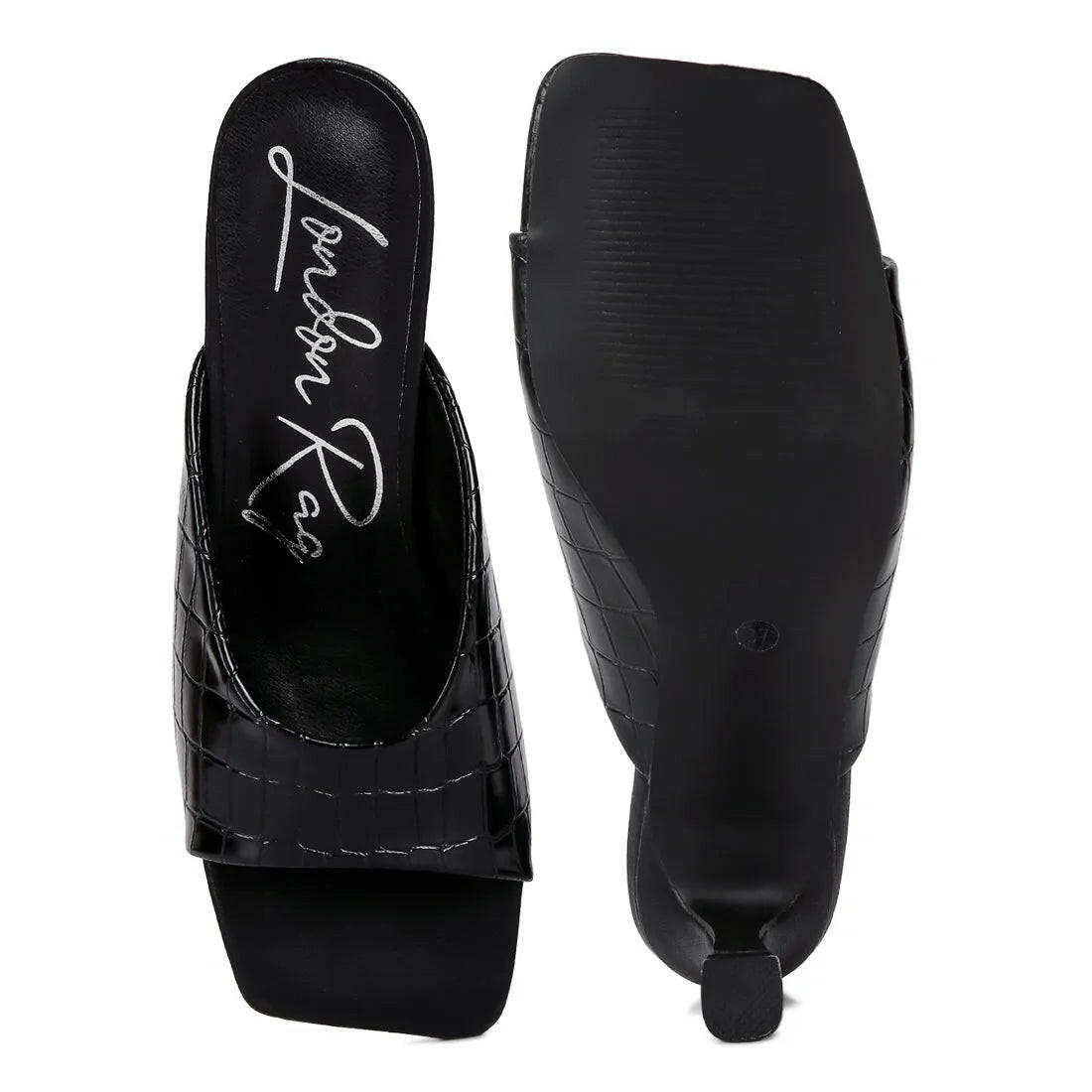 Black Croc Kitten Heel Sliders.