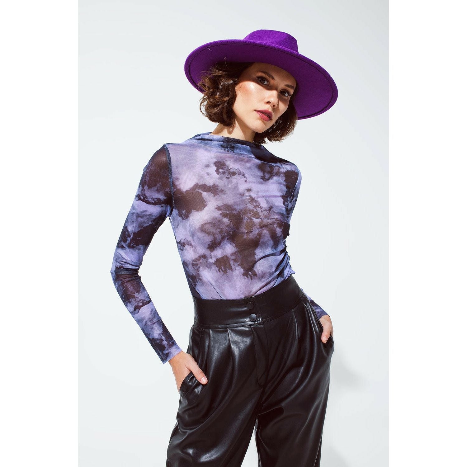 Mesh Top Rouched at the Side in Abstract Purple Print.