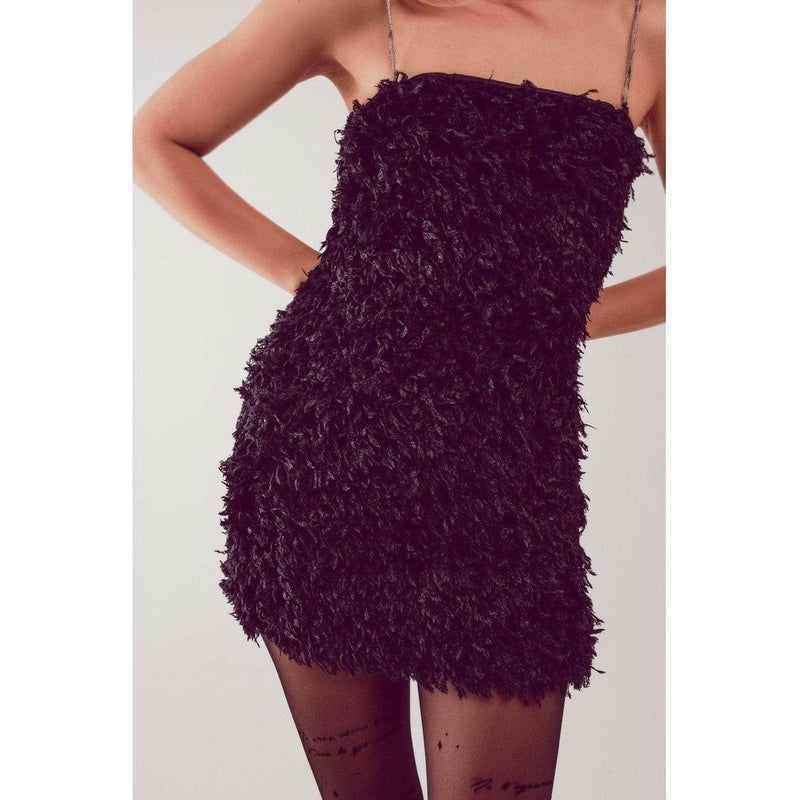 All Over Faux Feather Sleeveless Mini Dress in Black