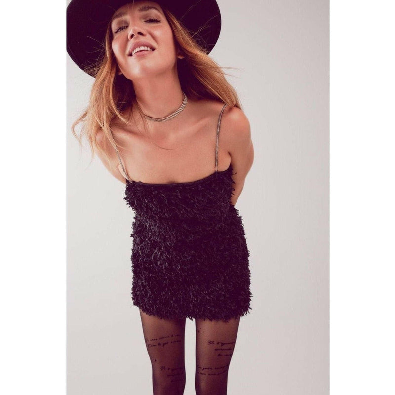 All Over Faux Feather Sleeveless Mini Dress in Black